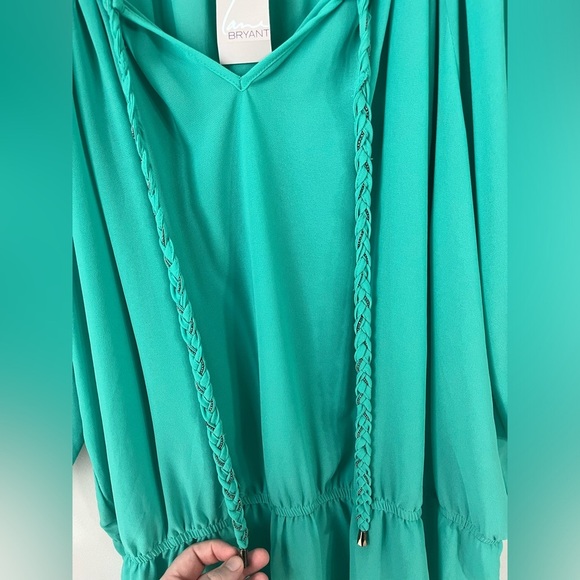 NWT Lane Bryant 3X green blouse, cold shoulder, sheer, cinch waist, braid, boho - Picture 4 of 9